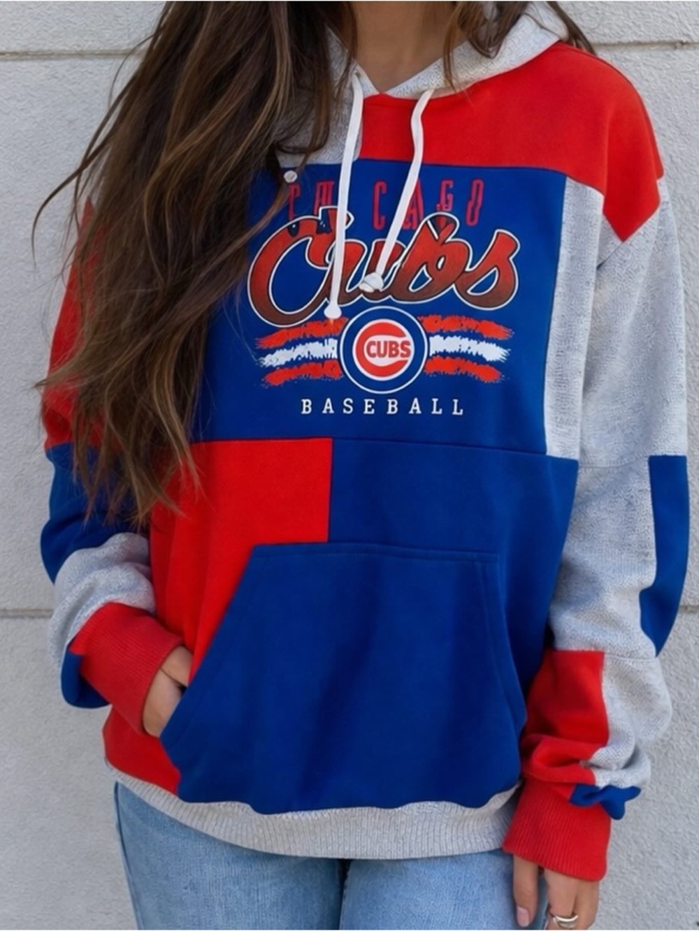 Upcycled Vintage Chicago Cubs Colorblock Sports Hoodie - Red & Blue Sweater